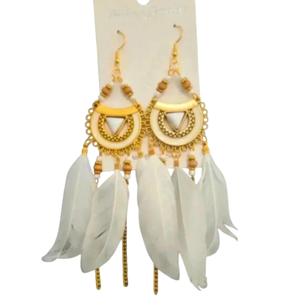 White Feather Fish Hook  Earrings with Chains NIP